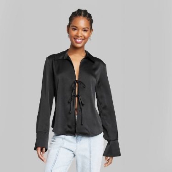 NOIR BLACK SATIN BLOUSE - Picture 1 of 3